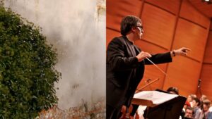 On the left: still from the video Movements of an Impossible Time by Flatform; on the right: the composer Carlo Chiddemi with his pupils.